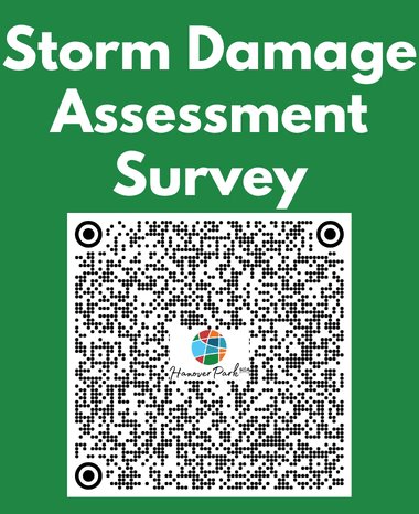 Storm Damage Assessment Survey QR code with "Hanover Park" logo in the center.