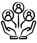Two hands holding up three people icons, representing teamwork or community support.