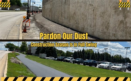 A split image showing road construction. The top half shows a concrete wall and road barriers. The bottom half shows a newly paved path next to a grassy area with parked cars.
