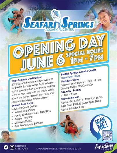 Poster for Seafari Springs Aquatic Center announcing "Opening Day June 6" with special hours from 1 PM to 7 PM. It details season pass rates and daily admission prices, along with open swim hours. The bottom of the poster includes the park's website, phone number, address, and social media icons.