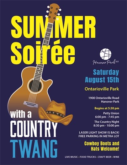 Summer Soiree with a Country Twang Poster - August 15th 5:30 - 10:00Pm with a laser light show. Pictures a guitar and cowboy hat