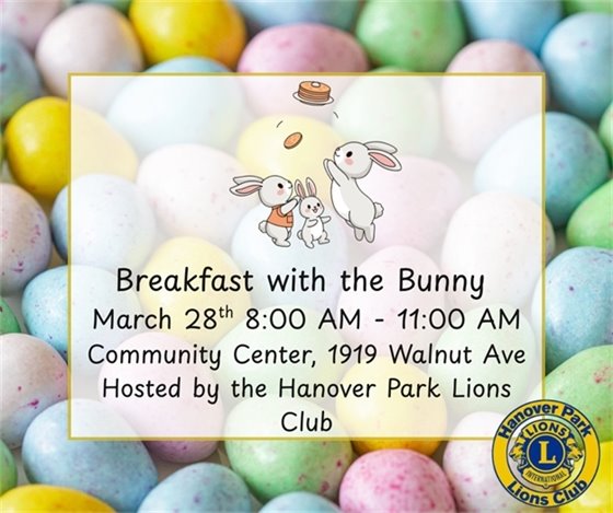 Promotional flyer for ‘Breakfast with the Bunny’ featuring pastel-colored Easter eggs and cartoon bunnies jumping for pancakes