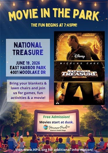 Poster for "Movie in the Park" featuring "National Treasure" on June 19, 2026, at East Harbor Park. The event includes games and activities before the movie, which starts at dusk. Free admission. Visit www.HPIL.org for more information.