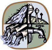 Image of water, pipes, water tower, and faucet.