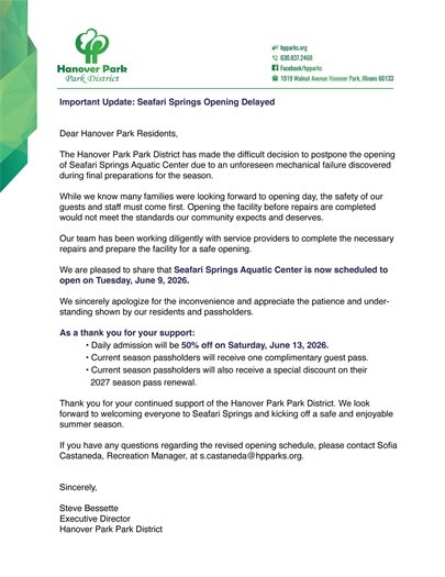 Letter from Park District regarding Seafari Springs Opening Delaye