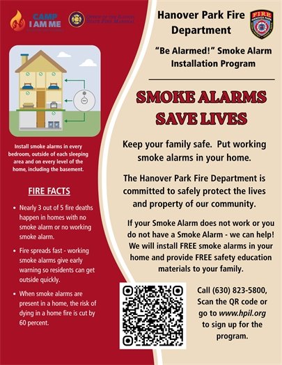 Poster for the Hanover Park Fire Department's 'Be Alarmed!' Smoke Alarm Installation Program, featuring fire safety facts and contact information.