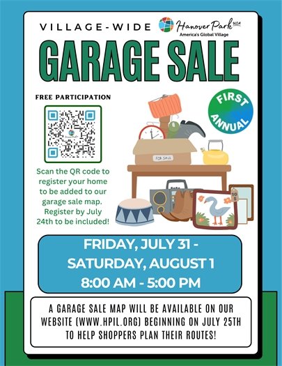 Poster advertising a village-wide garage sale on Friday, July 31st and Saturday, August 1st from 8:00 AM to 5:00 PM. It encourages free participation and registration via QR code by July 24th. A map will be available online from July 25th. The illustration shows various items typically found at a garage sale, such as boxes, a clock, a kettle, and musical instruments.