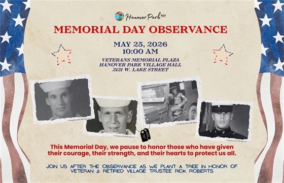 Memorial Day Observance poster featuring photos of servicemen, patriotic decorations, and text about honoring those who served.