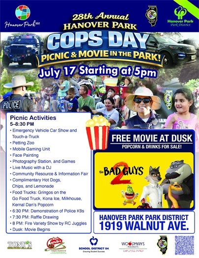 Flyer for 28th annual COPS Day Picnic and Movie in the Park on July 17th beginning at 5:00PM