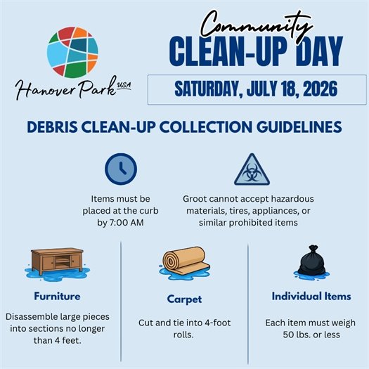 Community Clean-Up Day poster for Hanover Park on Saturday, July 18, 2026, with guidelines for furniture, carpet, and individual items, and a note about prohibited items and drop-off times.