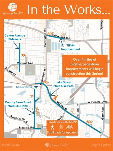 “Map titled ‘In the Works’ showing 2026 bicycle and pedestrian improvement projects in Hanover Park, including Center Avenue sidewalk, TIF #4 improvements along Irving Park Road, Lake Street multi-use path, and County Farm Road multi-use path. Graphic notes over four miles of improvements beginning construction this spring.