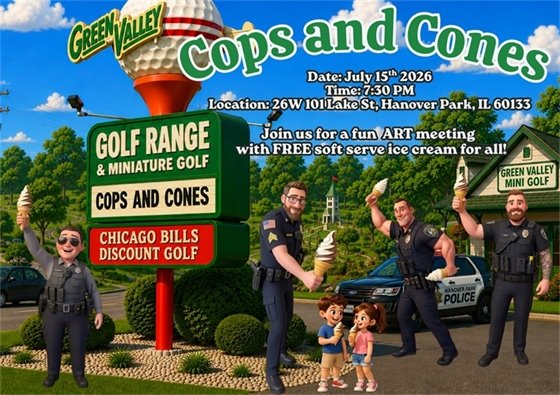An advertisement for 'Cops and Cones' event at Green Valley Golf Range & Miniature Golf. It features police officers holding ice cream cones, with children, and event details including date, time, and location.