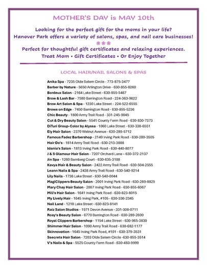 A flyer for Mother's Day offering gift certificates and listing local hair and nail salons and spas in Hanover Park with their addresses and phone numbers.