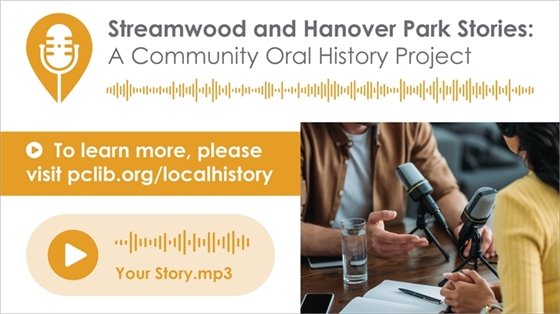 Streamwood and Hanover Park Stories: A Community Oral History Project with a website address and audio player. Two people are recording a podcast.