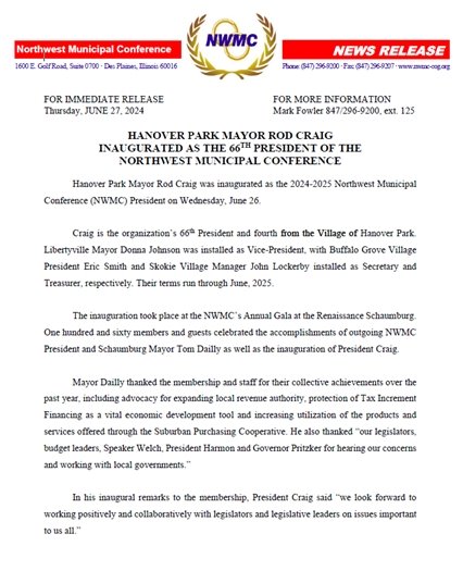 mayor craig president of NWMC press release
