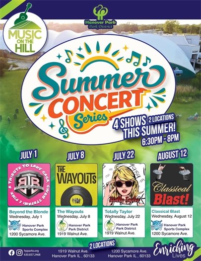 Poster for the Park District Summer Concert Series. It lists four shows: July 1st with Beyond the Blonde, July 8th with The Wayouts, July 22nd with Totally Taylor, and August 12th with Classical Blast!