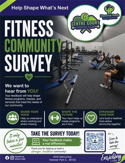 Poster for a Fitness Community Survey with the title "Help Shape What's Next" and "FITNESS COMMUNITY SURVEY" in large letters. The background shows a gym with exercise equipment. Below the title, it states "We want to hear from YOU!" and provides reasons to participate. It encourages people to "TAKE THE SURVEY TODAY!" and includes a QR code.
