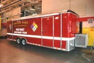 A large red storage trailer.